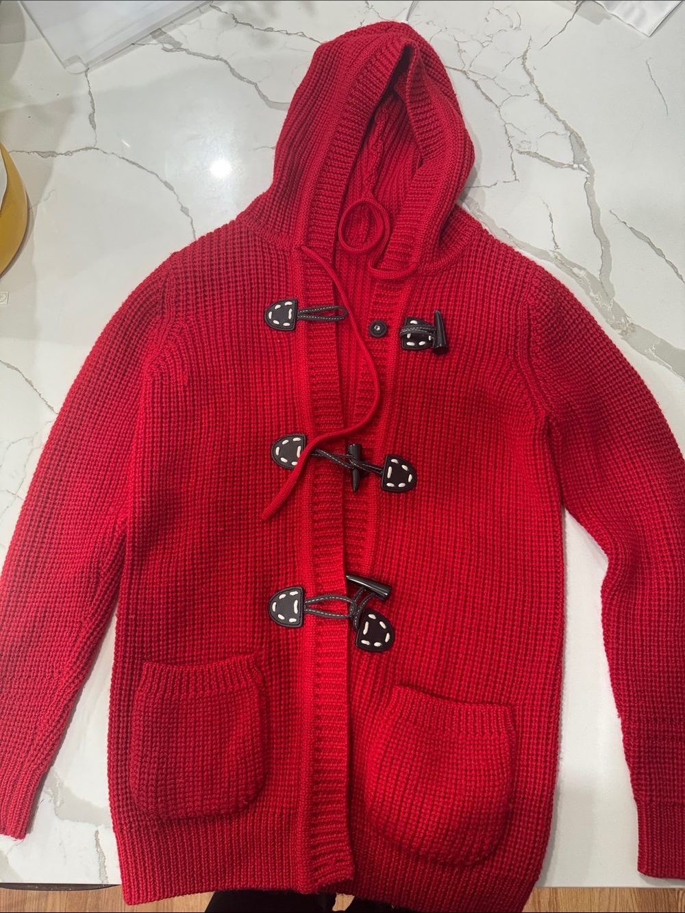 Red Hooded Toggle Knit Sweater